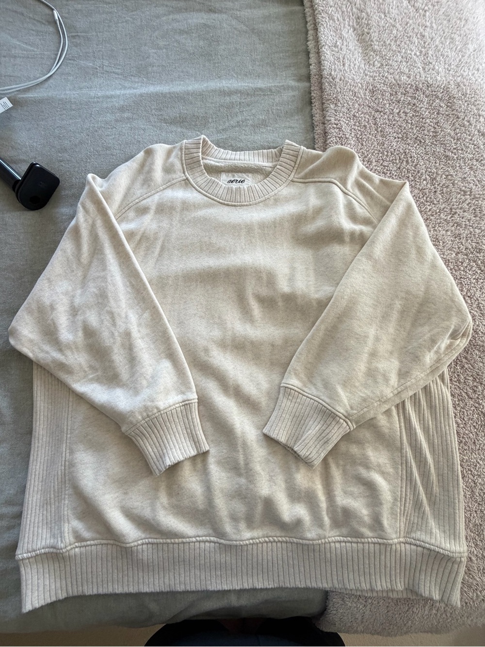 aerie Neutral Ribbed Crewneck Sweatshirt